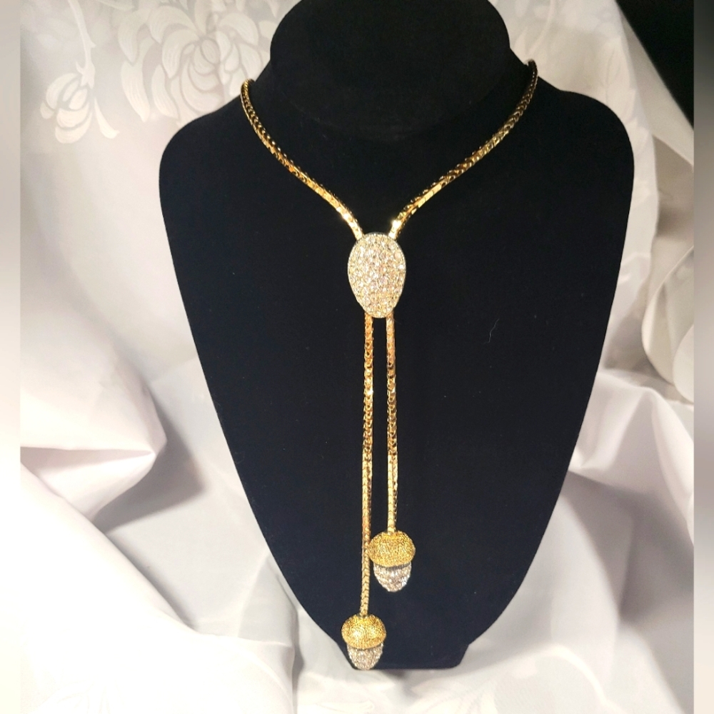 Vintage goldtone and Rhinestones lariat with slide necklace 1980s